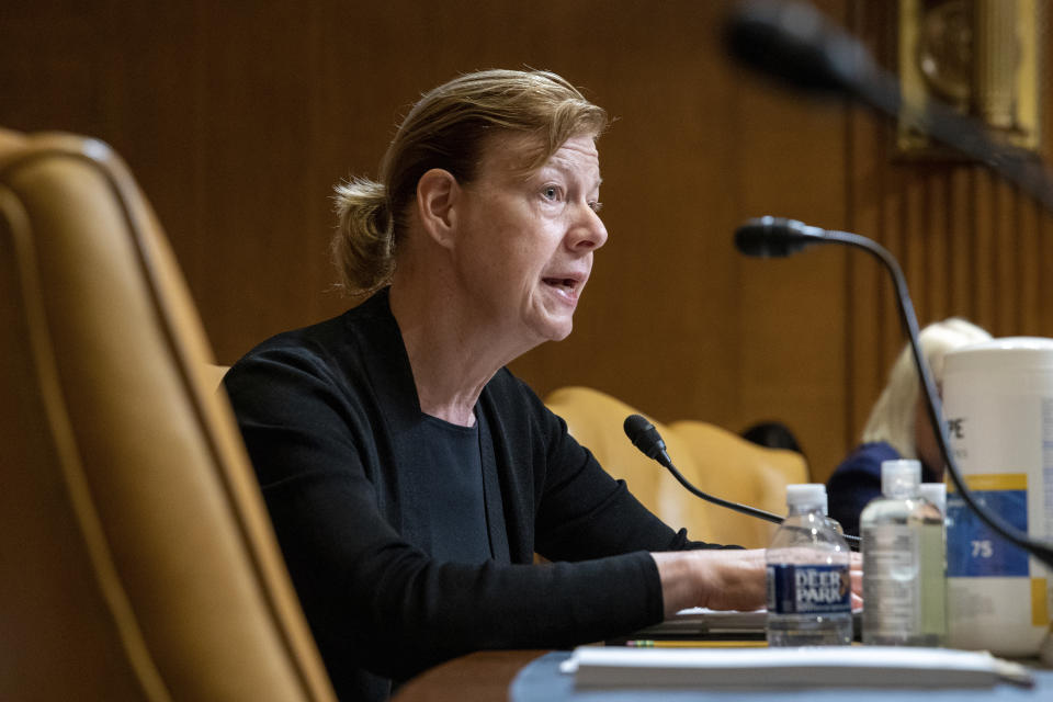 FILE - Sen. Tammy Baldwin, D-Wis., speaks during the Senate Appropriations Committee Subcommittee on Defense, May 3, 2022, on Capitol Hill in Washington. Democrats are punting a vote to protect same-sex and interracial marriages until after the November midterm elections. The request for a delay by senators who have been pushing for the legislation comes after Baldwin, the lead senator on the legislation, had predicted that they would be able to get the 10 Republican votes they need to break a filibuster. (Amanda Andrade-Rhoades/The Washington Post via AP, Pool, File)