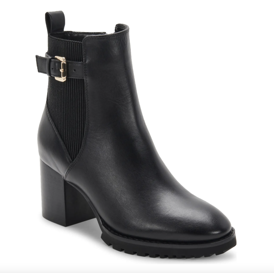 Blondo Tobi Waterproof Bootie in black leather with gold buckle (Photo via Nordstrom)