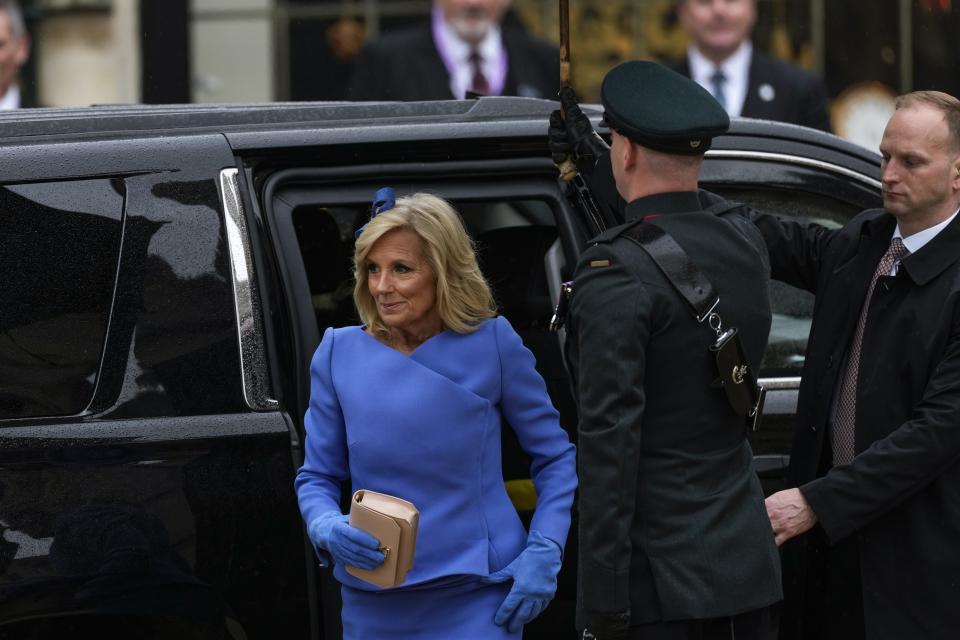 FILE - First lady Jill Biden arrives at Westminster Abbey prior to the coronation ceremony of Britain's King Charles III in London, May 6, 2023. Biden will join other VIPs and speak at a ceremony Tuesday, July 25, at the headquarters of the United Nations Scientific, Educational and Cultural Organization. The American flag will be raised to mark the U.S. return to membership after a five-year absence. (AP Photo/Alessandra Tarantino, File)