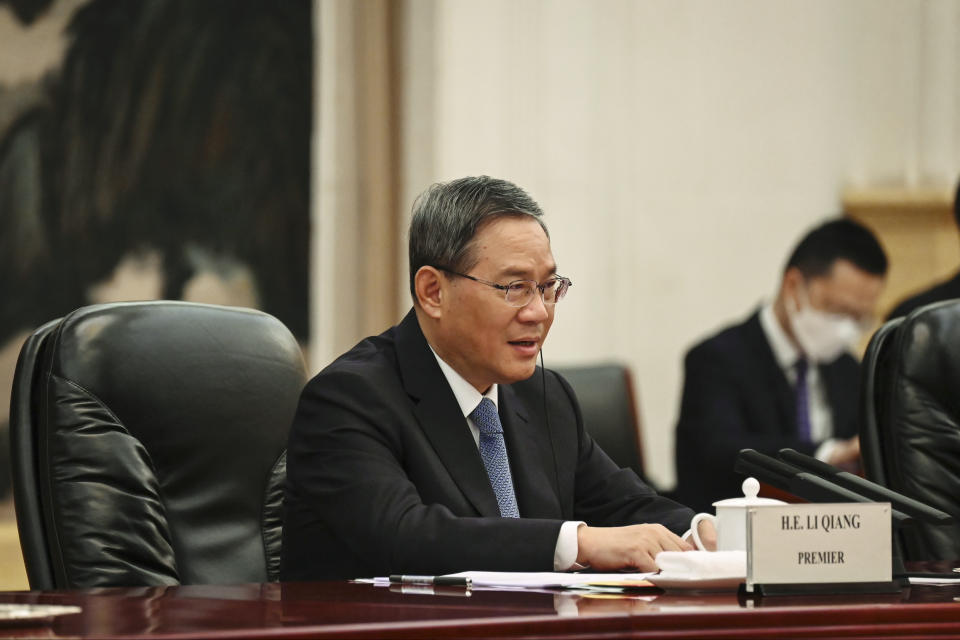 Chinese Premier Li Qiang attends a meeting with Palestinian President Mahmud Abbas at the Great Hall of the People in Beijing on Thursday, June 15, 2023. (Jade Gao/Pool Photo via AP)