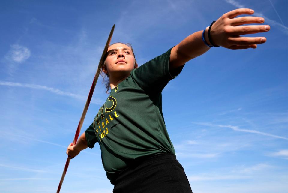 Basha High Bears Gabriella Garcia is the reigning Division I state javelin champion and softball team shortstop at Basha High School in Chandler on March 6, 2023.