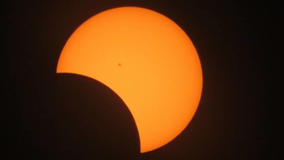 The partial solar eclipse is seen from Arroyo Grande as the moon moves past after reaching a maximum of 41% coverage on April 8, 2024.