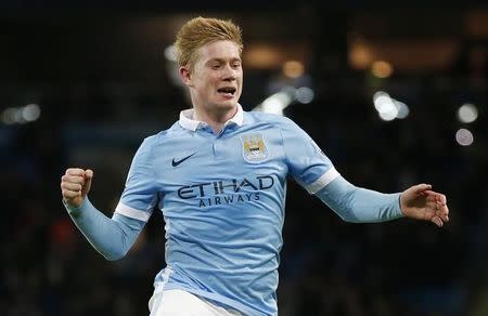 Football Soccer - Manchester City v Hull City - Capital One Cup Quarter Final - Etihad Stadium - 1/12/15 Kevin De Bruyne celebrates scoring the fourth goal for Manchester City Reuters / Phil Noble Livepic
