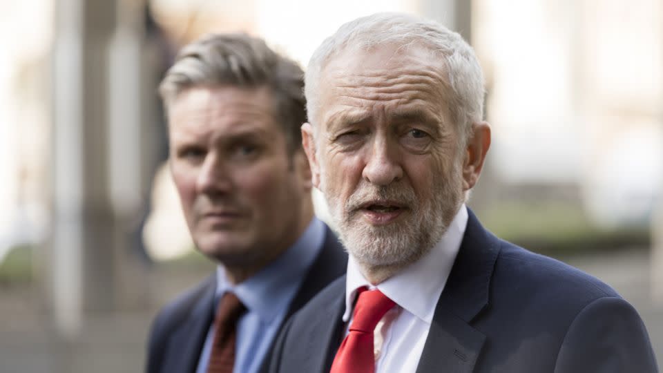 Starmer, left, and then-Labour leader Jeremy Corbyn talk to the media at the EU Commission headquarters on March 21, 2019 in Brussels, Belgium. - Thierry Monasse/Getty Images