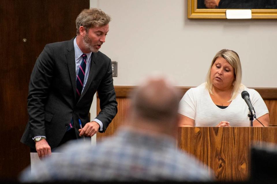 Defense attorney Philip Wittman questions witness Rebecca Wright during the murder trial in which Jeremy Childress is accused of murdering Michelle Hester in Harrison County Court in Gulfport on Wednesday, June 21, 2023.