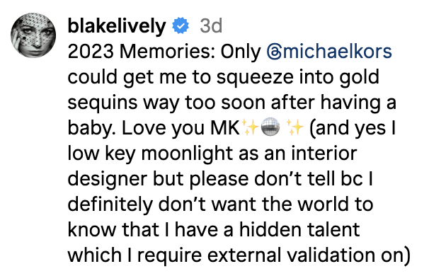 Screenshot of Blake Lively's Instagram caption