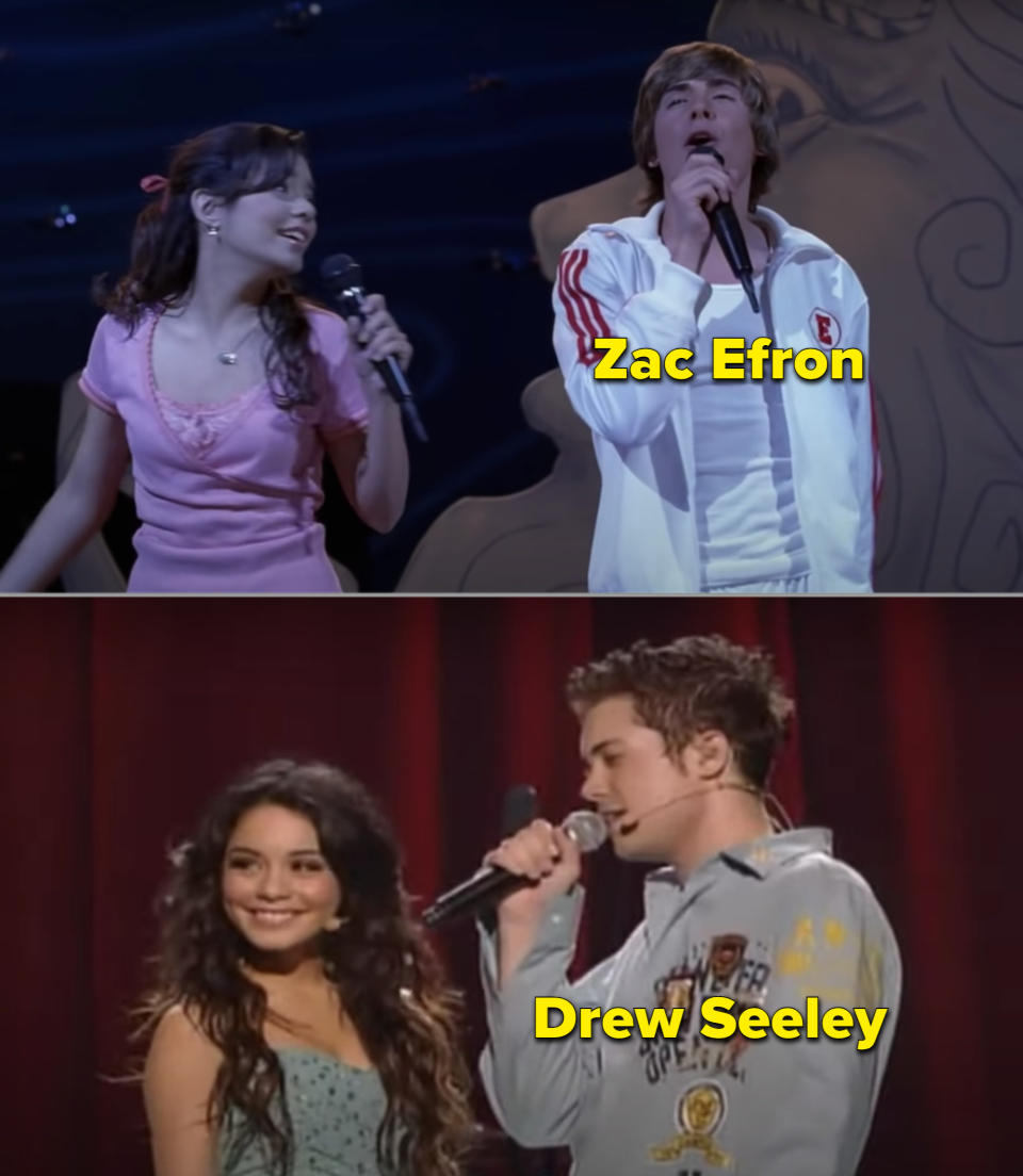 Zac Efron and Drew Seeley singing separately with Vanessa Hudgens