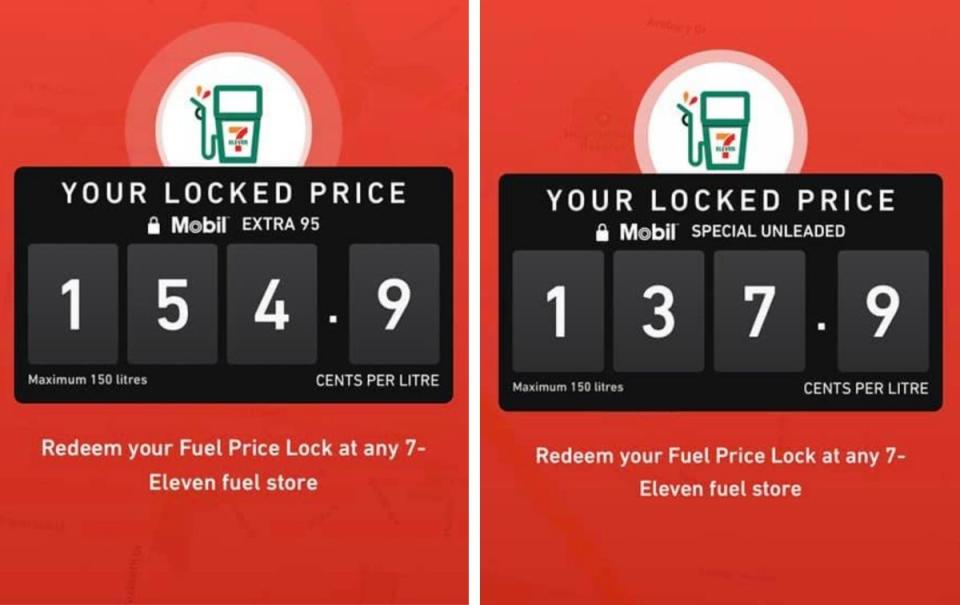 The price lock feature on the 7Eleven app. Source: Facebook.