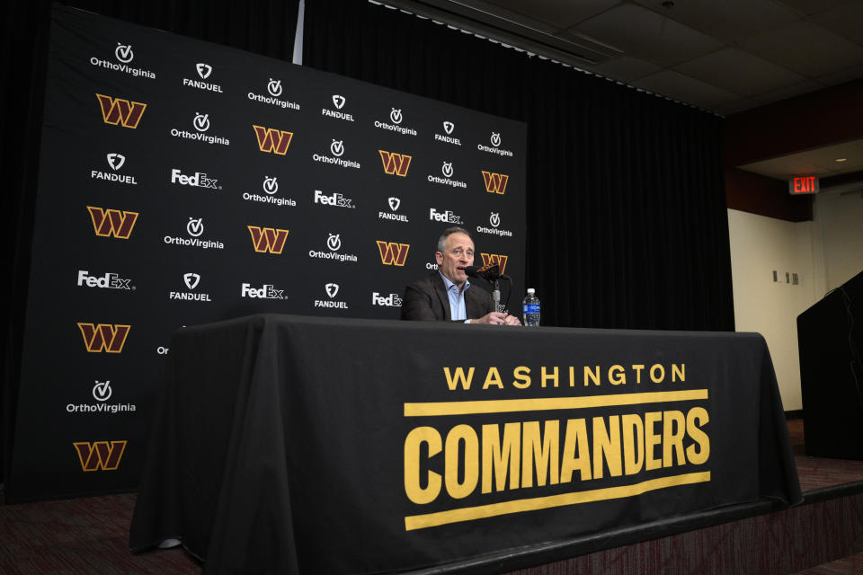 Washington Commanders controlling owner Josh Harris speaks to the media during an NFL football press conference, Monday, Jan. 8, 2024 in Ashburn, Va. (AP Photo/Nick Wass)