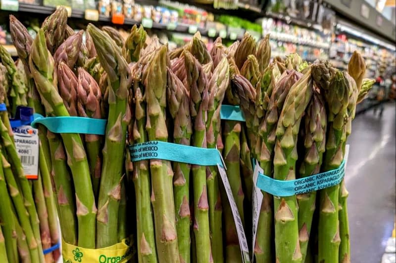 Bunches of asparagus in grocery store