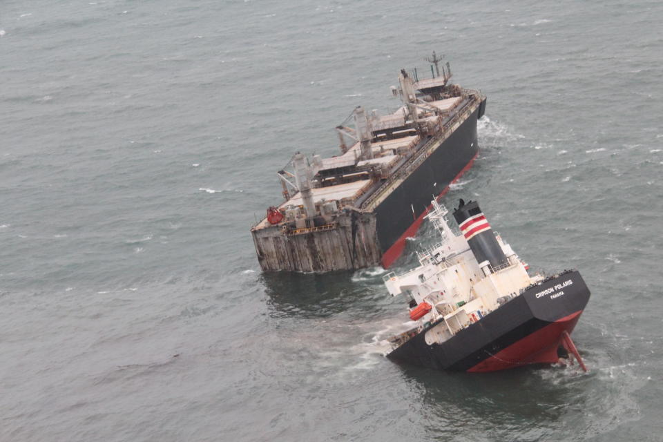 A view of the Panamanian-registered ship 'Crimson Polaris' after it ran aground in Hachinohe harbour in Hachinohe, northern Japan, August 12, 2021. / Credit: HANDOUT / REUTERS