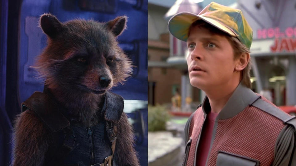 Rocket Raccoon in 'Avengers: Endgame' and Michael J. Fox in 'Back to the Future 2'. (Credit: Disney/Universal)