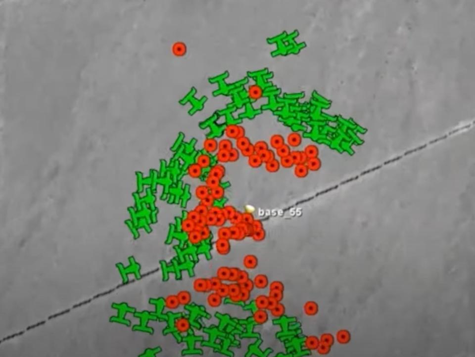 Still from "The Sandhills Project 2.0" training event video showing drone swarms engaging targets. <em>U.S. Army</em>