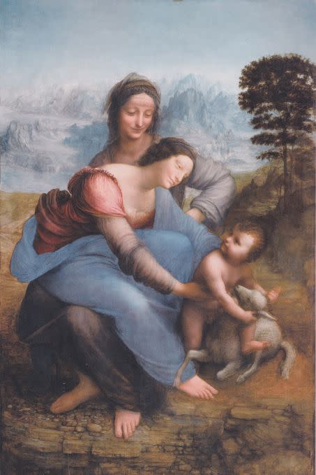Sainte Anne, la Vierge et l\'Enfant Jésus jouant avec un agneau  Crédit : Léonard de Vinci - Le Louvre - Wikimedia commons