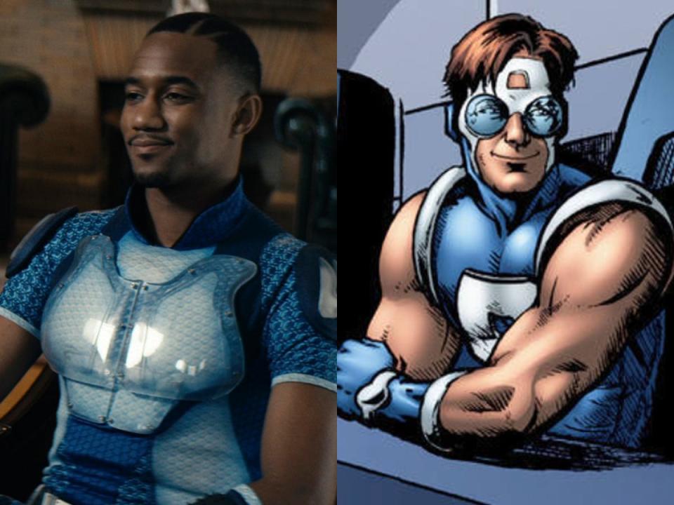 On the left: Jessie T. Usher as A-Train in season two of "The Boys." On the right: A-Train in the comics.