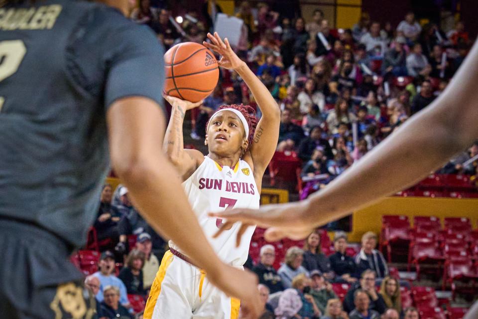 Arizona State Sun Devils guard Tyi Skinner (3) shoots against the Colorado Buffaloes at Desert Financial Arena on Feb. 17, 2023.