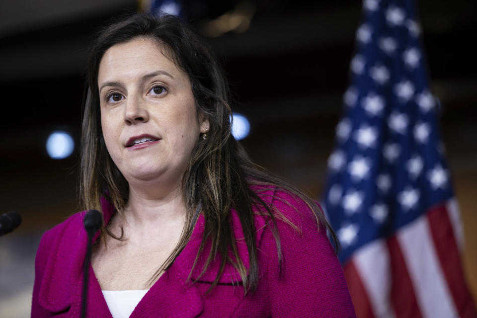 Elise Stefanik during a press conference at the US Capitol (Francis Chung/Political via AP)