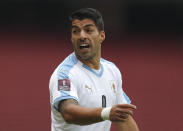 Uruguay's Luis Suarez reacts during a qualifying soccer match for the FIFA World Cup Qatar 2022 against Ecuador at the Casa Blanca stadium in Quito, Ecuador, Tuesday, Oct. 13, 2020. (Jose Jacome/Pool via AP)