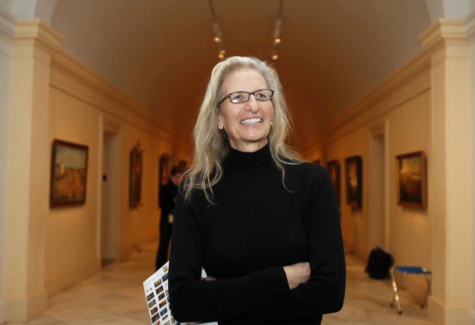 Photographer Annie Leibovitz leads a media tour of her exhibit "Pilgrimage" Tuesday, Jan. 24, 2012, at the Smithsonian American Art Museum in Washington. (AP Photo/Jacquelyn Martin)