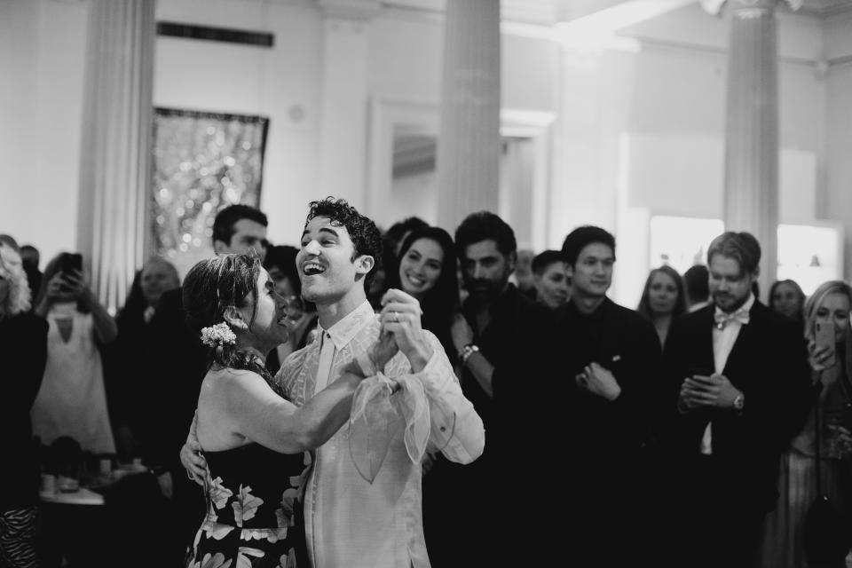 Darren honored his Filipino heritage by wearing a traditional barong tagalog by designer Francis Libiran while dancing with his mother. This custom-designed piece was hand-loomed from pure pineapple fabric, and the intricately embroidered design was inspired by the famous tattoo patterns of the indigenous people of Cebu.