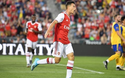 Gabriel Martinelli celebrates scoring his first goal for Arsenal in the pre-season friendly with Colorado Rapids  - Credit: Getty Images