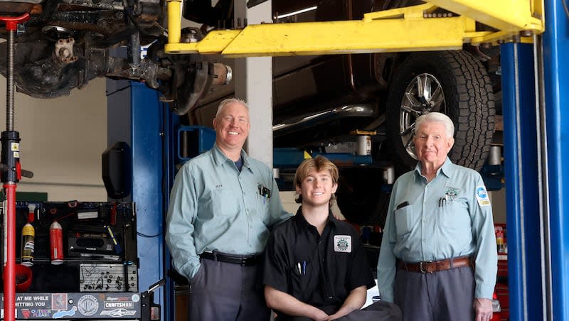 Jeff Plowgian, Seth Plowgian and Larry Plowgian pose for a portrait at Plowgian Auto Repair in Millcreek on Monday, March 18, 2024. The business has been in the family for five generations.