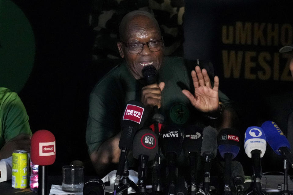 FILE - Former South African President Jacob Zuma speaks during a press conference in Soweto, South Africa, on Dec. 16, 2023. The ruling African National Congress party has suspended Zuma on Monday, Jan. 29, 2024, pending a disciplinary process after he gave his backing to a new party for this year's national elections. (AP Photo/Themba Hadebe, File)