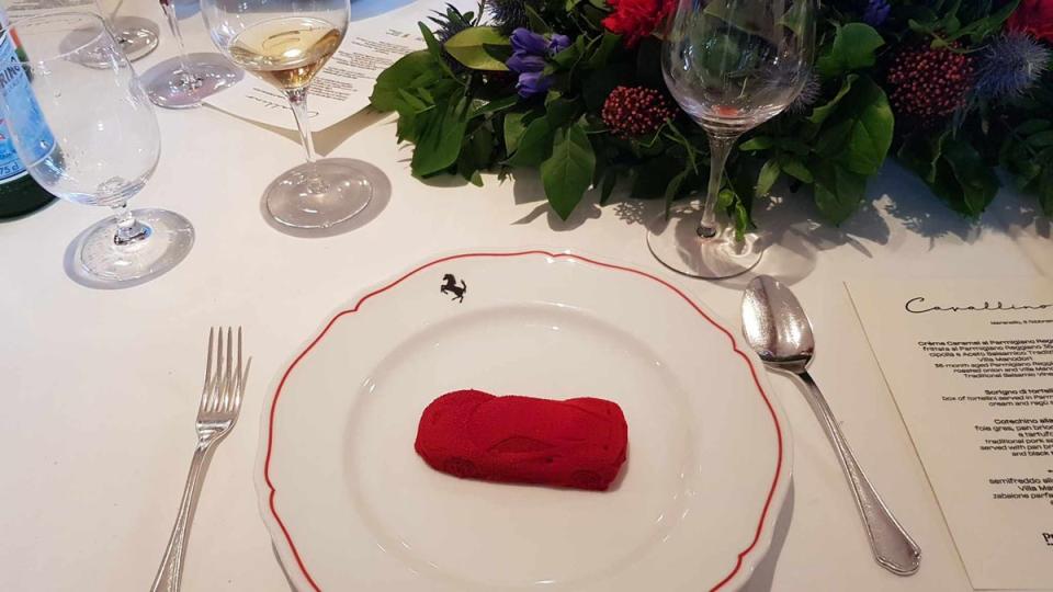 An adorable semifreddo shaped like a Ferrari, served at Ristorante Cavallino (ES)