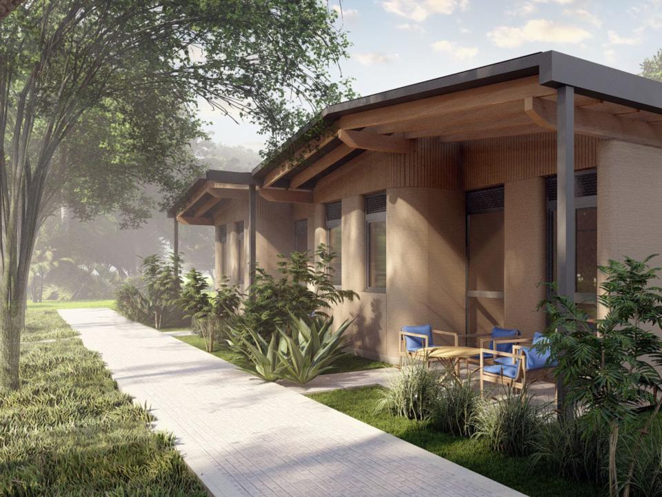 A rendering of the exterior of 14Trees' 3D printed home