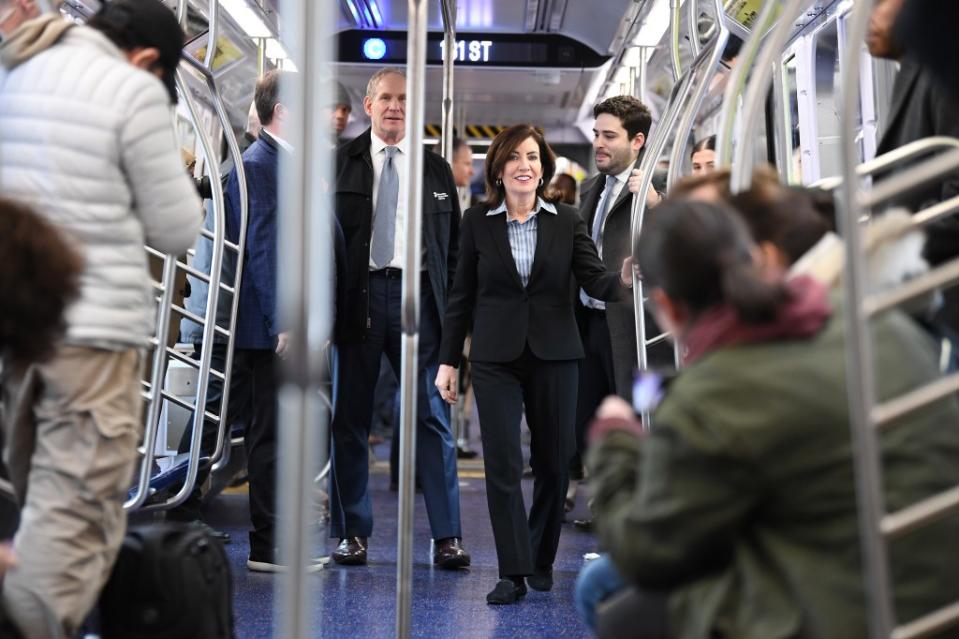 Gov. Kathy Hochul touted efforts to add cameras to subway cars and platforms to help solve crimes in the metro. Matthew McDermott