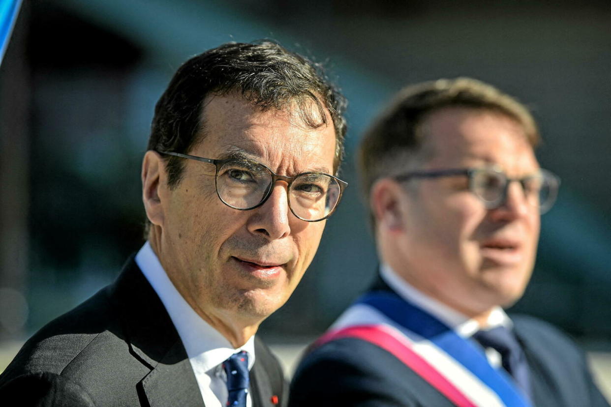 Jean-Pierre Farandou assiste à l'inauguration du prolongement de la ligne Eole du RER E, à Paris, le 3 mai 2024.  - Credit:Abdullah Firas/Abaca