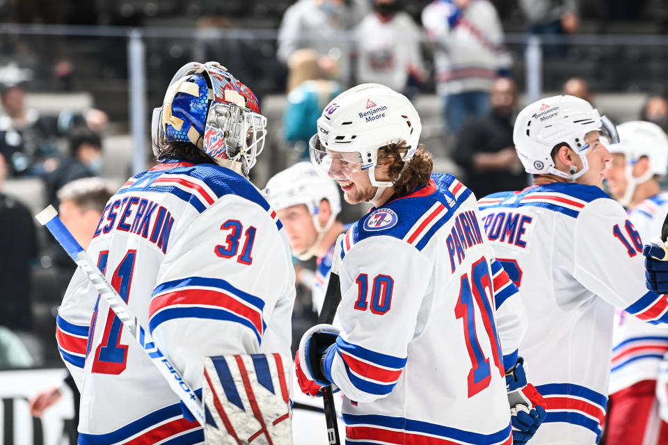 SAN JOSE, CA - JANUARY 13: Igor Shesterkin #31 and Artemi Panarin #10 of the New York Rangers celebrate the win against the San Jose Sharks in a regular season game at SAP Center on January 13, 2022 in San Jose, California. (Photo by Amanda Cain/NHLI)