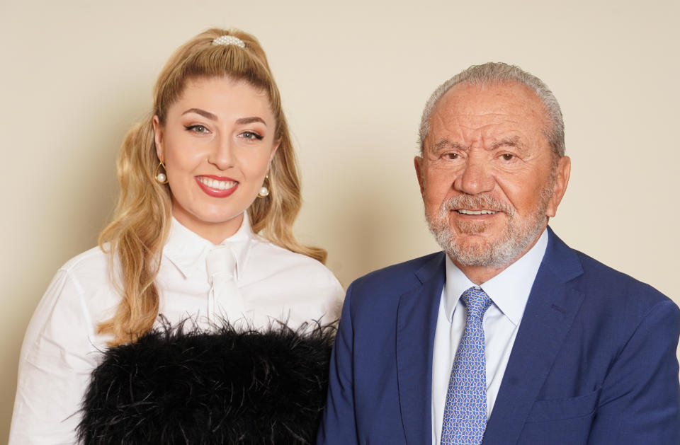 Winner of the latest series of the BBC programme The Apprentice, Marnie Swindells with Lord Sugar in the boardroom of Amshold House in Loughton, Essex. Picture date: Monday February 27, 2023. (Photo by Ian West/PA Images via Getty Images)