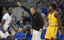 Creighton head coach Greg McDermott yells to his players from the bench as they play against Iowa State during the first half of an NCAA college basketball game Saturday, Dec. 4, 2021, at CHI Health Center in Omaha, Neb. (AP Photo/Rebecca S. Gratz)