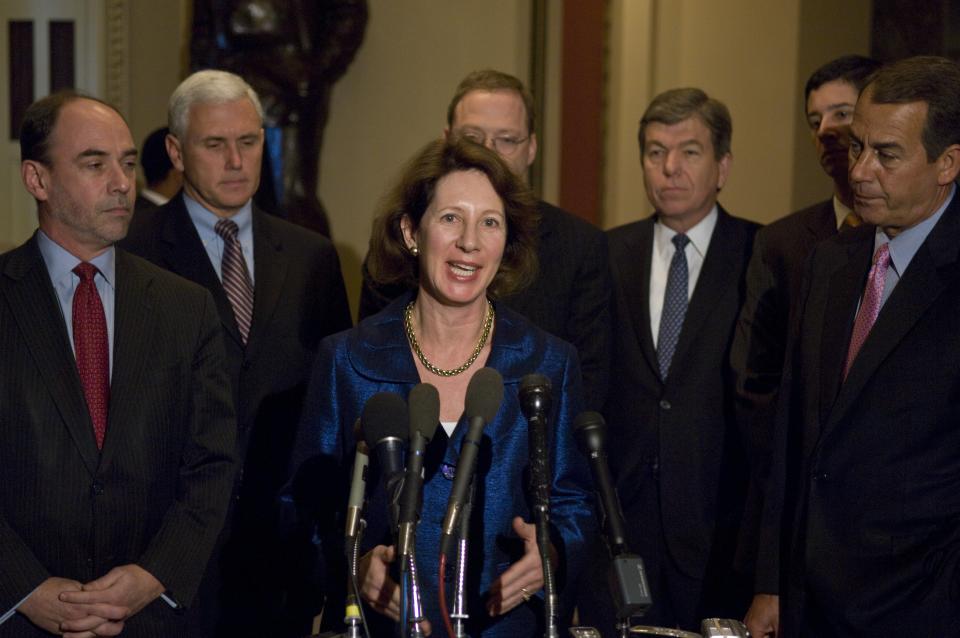 From left: Douglas Holtz-Eakin, former director of the Congressional Budget Office and an adviser to the 2008 Republican presidential campaign, Rep. Mike Pence, R-Ind., Diana Furchtgott-Roth, of the Hudson Institute, Rep. Roy Blunt, R-Mo., and House Minority Leader John A. Boehner, R-Ohio, talk to media.