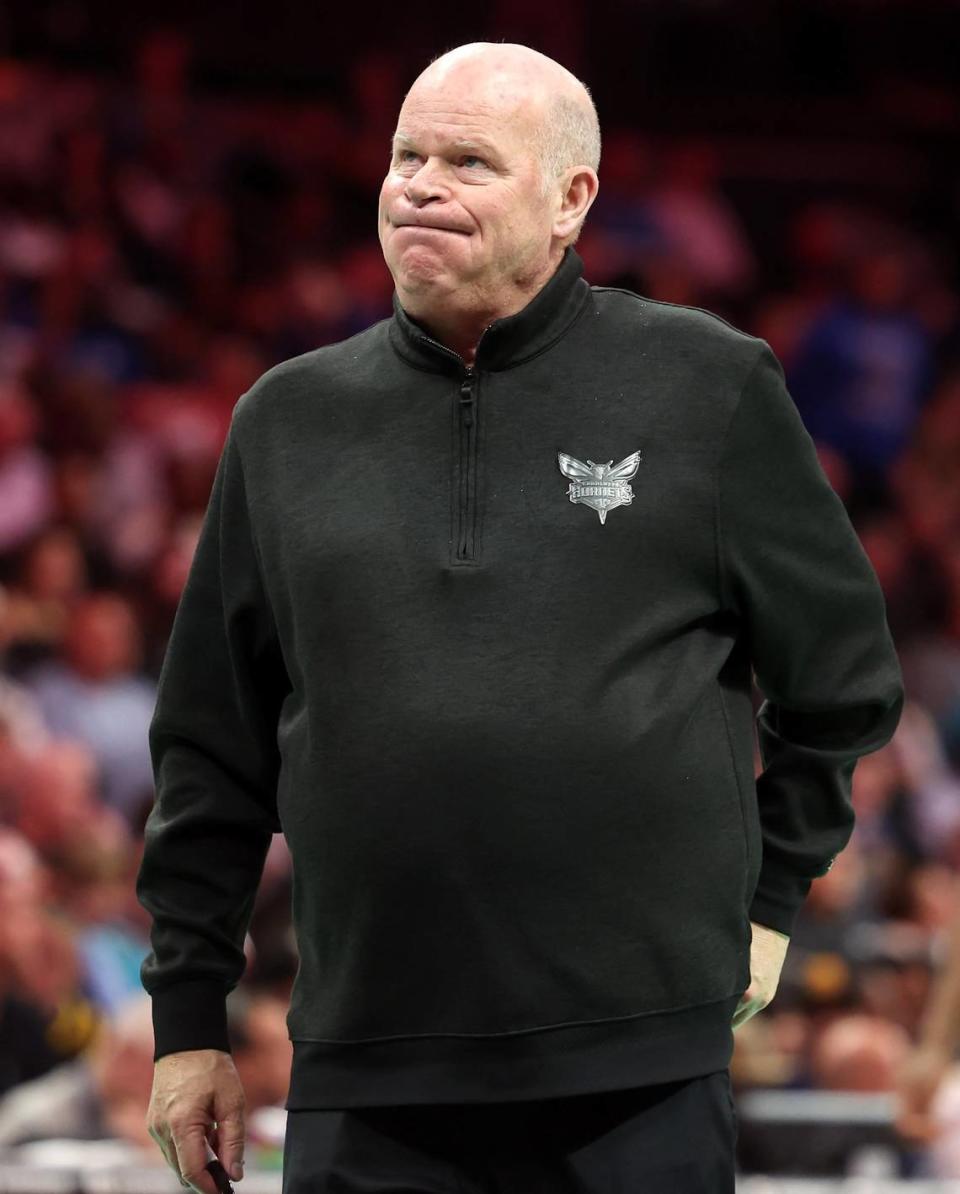 Charlotte Hornets head coach Steve Clifford takes a deep inhale as he looks at the Jumbotron during second-half action against the Golden State Warriors at Spectrum Center in Charlotte, NC on Friday, March 29, 2024. The Warriors defeated the Hornets 115-97.