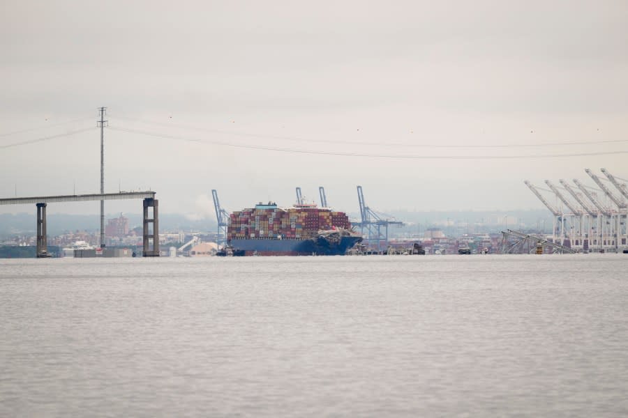 Tugboats escort the container ship Dali after it was refloated in Baltimore, Monday, May 20, 2024. The container ship that caused the deadly collapse of Baltimore’s Francis Scott Key Bridge was refloated Monday and has begun slowly moving back to port.(AP Photo/Matt Rourke)