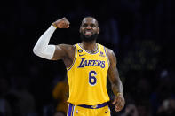 Los Angeles Lakers' LeBron James (6) flexes his arm during the second half of an NBA basketball game against the Houston Rockets Monday, Jan. 16, 2023, in Los Angeles. The Lakers won 140-132. (AP Photo/Jae C. Hong)