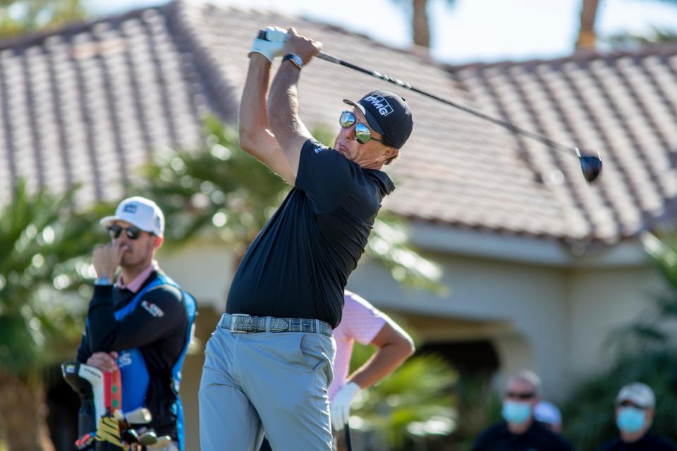 Phil Mickelson tees off on the 13th hole of the Nicklaus Tournament Course at PGA West during the first round of The American Express in La Quinta, Calif., on January 21, 2021.