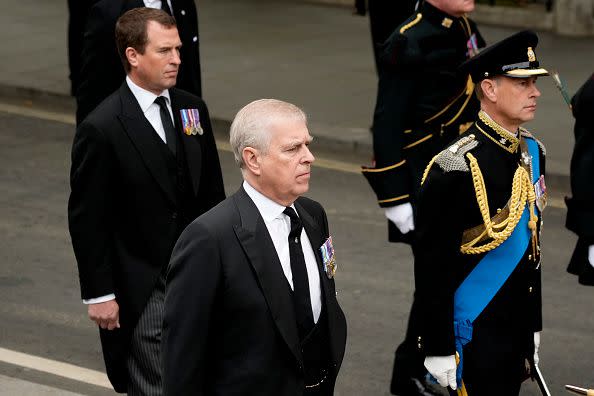 LONDON, ENGLAND - SEPTEMBER 19: Peter Phillips, Prince Andrew, Duke of York and Prince Edward, Earl of Wessex arrive at Westminster Abbey for the State Funeral of Queen Elizabeth II on September 19, 2022 in London, England. Elizabeth Alexandra Mary Windsor was born in Bruton Street, Mayfair, London on 21 April 1926. She married Prince Philip in 1947 and ascended the throne of the United Kingdom and Commonwealth on 6 February 1952 after the death of her Father, King George VI. Queen Elizabeth II died at Balmoral Castle in Scotland on September 8, 2022, and is succeeded by her eldest son, King Charles III.  (Photo by Christopher Furlong/Getty Images)