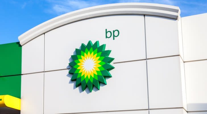 BP stock: the BP company logo on a building