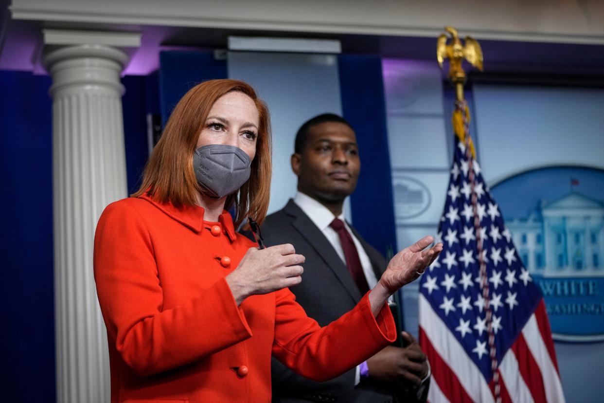 <p>White House Press Secretary Jen Psaki speaks as Administrator of the Environmental Protection Agency (EPA) Michael Regan looks on during the daily press briefing at the White House on May 12, 2021 in Washington, DC</p> (Photo by Drew Angerer/Getty Images)