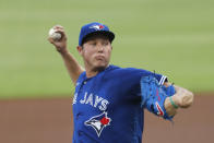 Toronto Blue Jays starting pitcher Nate Pearson (24) works in the first inning of a baseball game against the Atlanta Braves Thursday, Aug. 6, 2020, in Atlanta. (AP Photo/John Bazemore)