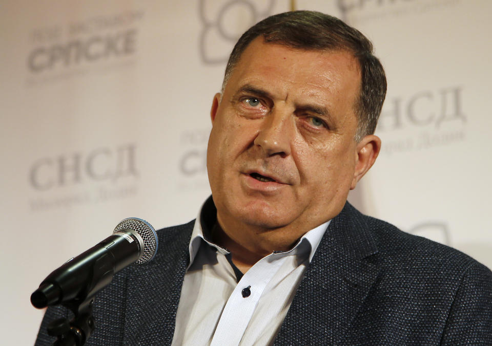 Milorad Dodik, president of the Republic of Srpska, speaks during a news conference after claiming victory in the Bosnian town of Banja Luka, 240 kilometers northwest of Sarajevo, Sunday, Oct. 7, 2018. Dodik has declared victory in the race to fill the Serb seat in Bosnia's three-member presidency. (AP Photo/Darko Vojinovic)