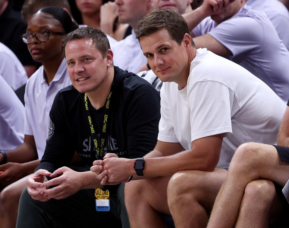 Utah Jazz head coach Will Hardy sits in courtside seats as the Jazz and Oklahoma City Thunder play in Summer League action at the Delta Center in Salt Lake City on Monday, July 3, 2023. Jazz lose 95-85. | Scott G Winterton, Deseret News