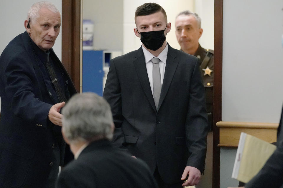 Volodymyr Zhukovskyy arrives for his pretrial hearing at the Coos County Superior Court, Tuesday, Nov. 9, 2021, in Lancaster, N.H. Zhukovskyy, of West Springfield, Mass., is scheduled to face trial on July 26, 2022, on multiple counts of negligent homicide, manslaughter, driving under the influence and reckless conduct stemming from the crash that killed seven motorcyclists that happened in Randolph on June 21, 2019. He pleaded not guilty. (AP Photo/Charles Krupa, Pool File)