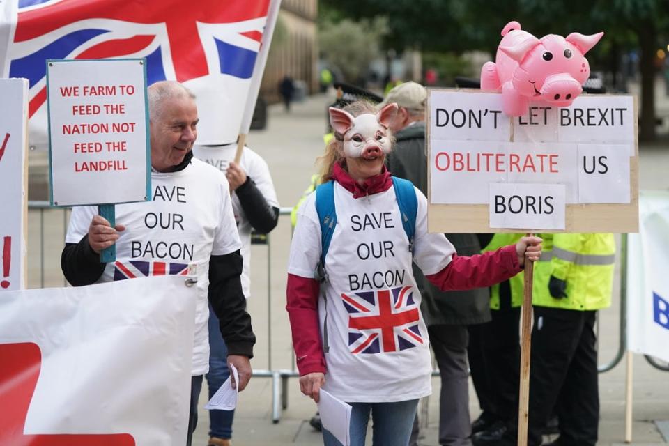 Pig farmers protesting outside the Conservative Party Conference in Manchester (Stefan Rousseau/PA) (PA Wire)