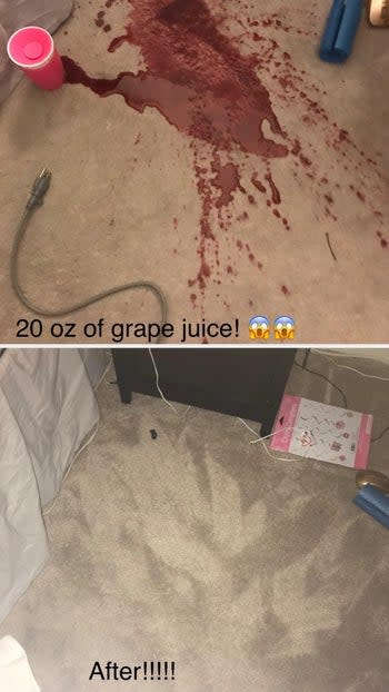 A reviewer's before and after of grape juice spilled on a white carpet and then totally cleaned 