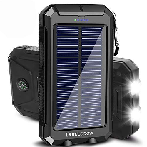 Durecopow Solar Charger, 20000mAh Portable Outdoor Waterproof Solar Power Bank, Camping External Backup Battery Pack Dual 5V USB Ports Output, 2 Led Light Flashlight with Compass (Black) (AMAZON)