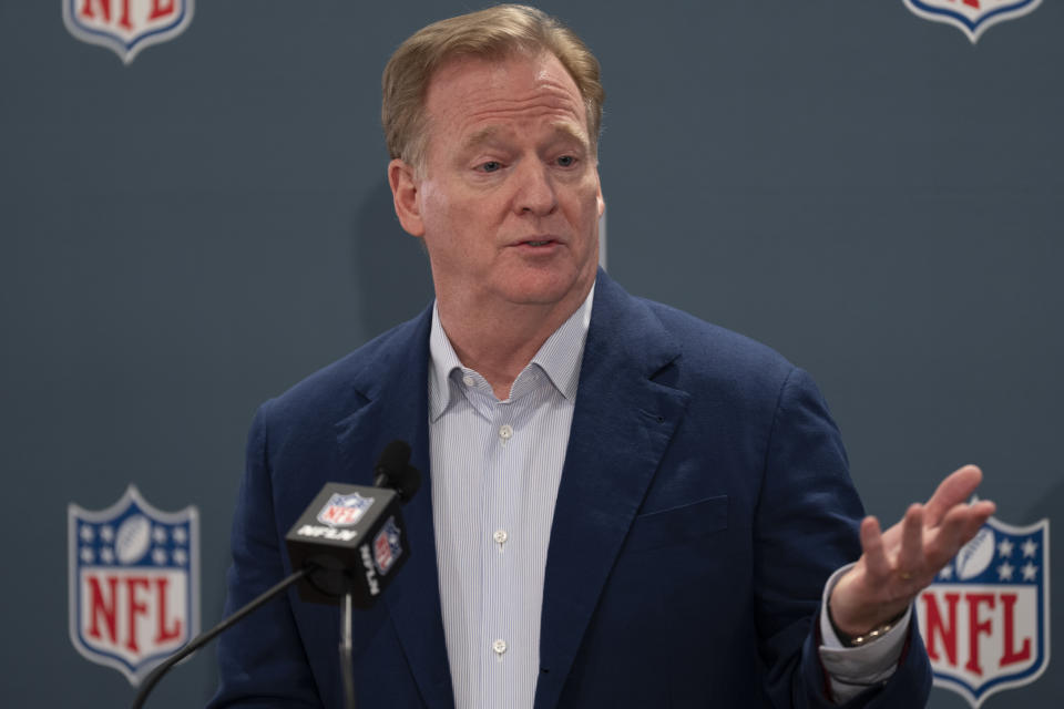 NFL Commissioner Roger Goodell responds to questions during a news conference after the football league's owners spring meetings Wednesday, May 22, 2024, in Nashville, Tenn. (AP Photo/George Walker IV)